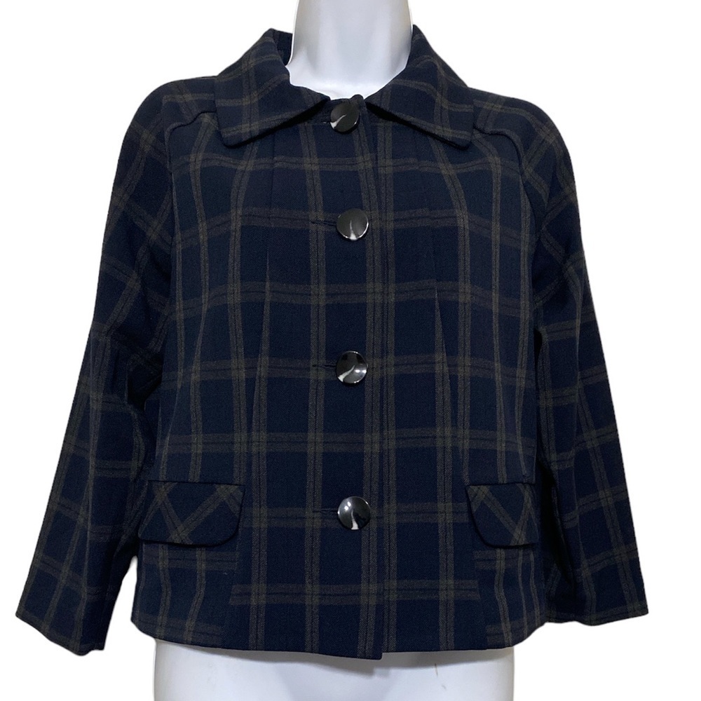 CABI Navy Green Plaid Jacket Blazer women size S button down academia